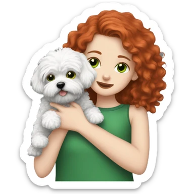 red haired girl with green eyes hugging her black and white Maltipoo dogs sticker