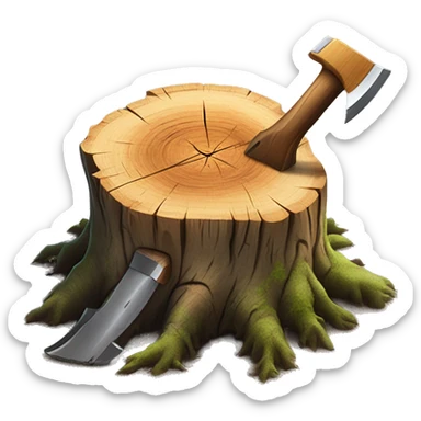 Tree stump with an axe cleaved in the top of the stump  sticker