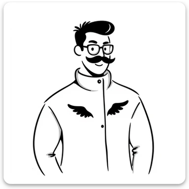 pumped up white male, glasses, buzz cut black hair, handlebar mustache black, two wings tattooed on his chest sticker