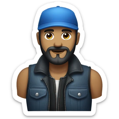 a man with a midium black beard, a blue cap, a sleevless vest and a harley blue motorcicle sticker