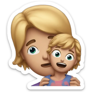 Guy leaning head with lipstick and holding child who is scared sticker