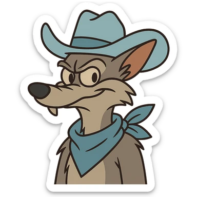 grey coyote wearing a light blue cowboy hat and light blue neckerchief, flat toon style sticker
