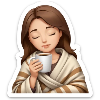 Relaxed woman with brown hair in blanket holding coffee cup with closed eyes sticker
