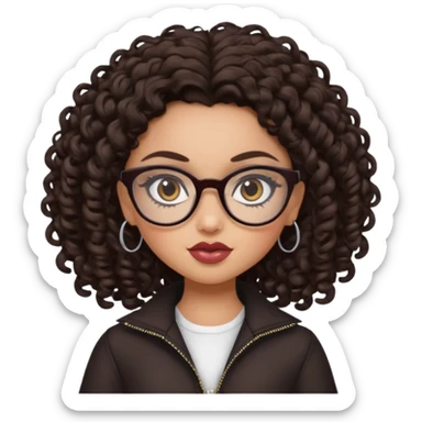 pretty bratz baddie, dark brown curly hair, brown eyes, glasses, pretty eyeliner sticker
