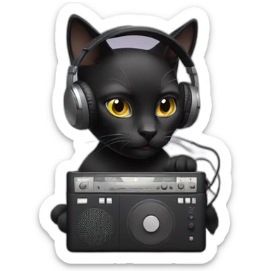 Black cat listening music with a grey walkman sticker