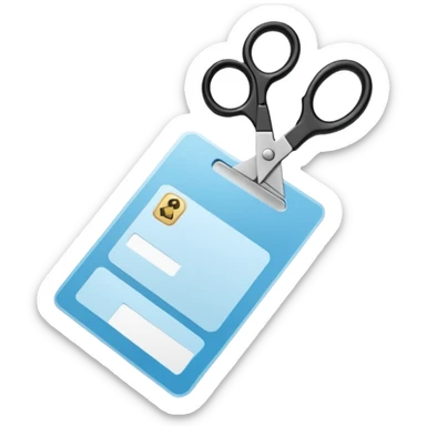 Floating black Scissors cutting a light blue military ID card in 2 parts .hyper realistic sticker