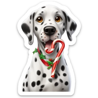 A Dalmatian with brown spots holds a caramel Christmas candy cane in his teeth sticker