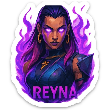 Reyna from Valorant, stylized portrait, glowing eyes, purple aura, game character, vibrant colors sticker
