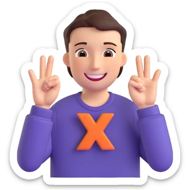 a smiling person holding their hands in front of their chest to form a plus sign shape with their fingers, one hand horizontal and the other vertical, friendly and expressive, clear gesture, simple background sticker