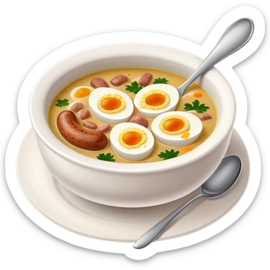 cinematic-realistic zurek-soup-dish-emoji,-depicted-as-a-tangy,-creamy-rye-soup-with-sausage-and-boiled egg-rendered-with-detailed-textures-and-warm,-comforting-lighting. sticker