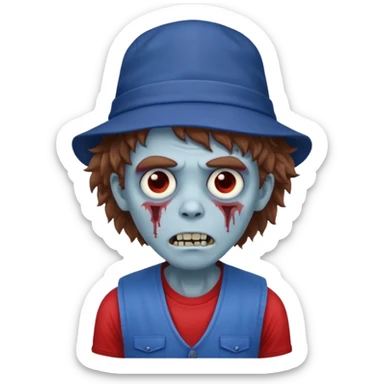 brown fluffy hair zombie with blue and white hat dark blue jilet red t shirt sticker