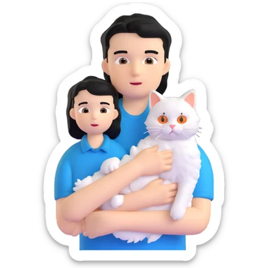 teenage boy with black hair wearing blue short sleeve shirt holding a white ragdoll cat sticker