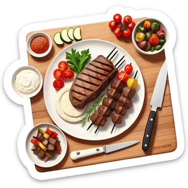 icon featuring cooking: a chef's hat, a cutting board with fresh ingredients, a knife, a plate with a well-plated dish, a beautiful ribeye beef steak, and beautifully arranged shashlik skewers placed across. Bright, detailed design with realistic textures and lighting. Transparent background. sticker