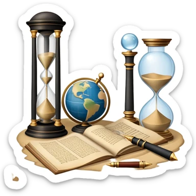An icon featuring ancient scrolls, a quill pen, and large, old-fashioned sand clocks, symbolizing the study of history. The design includes a globe and a timeline with significant historical events, set against ruins to evoke past civilizations. Transparent background highlights the passage of time. sticker