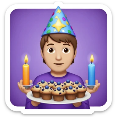 Man with brown hair wearing purple shirt and a party hat holding several blueberry muffins either candles in them  sticker