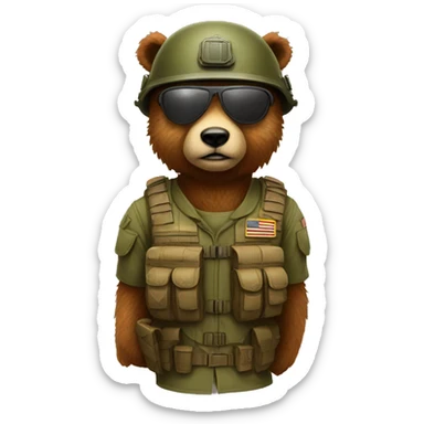 A brown furry bear as a soldier with a helmet and military glasses sticker