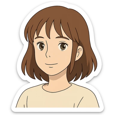 white girl with brown hair, light brown eyes, medium eyelashes, brown eyebrows, medium lips, medium nose in ghibli style sticker