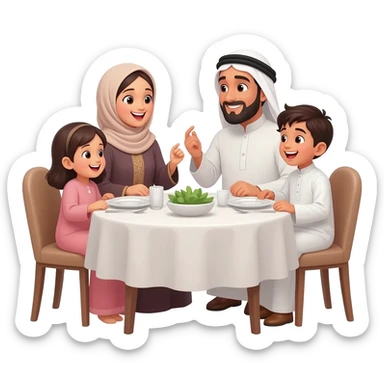 islamic family sitting on table; mother wearing hijab; father with beard and islamic clothes; little girls no hijab and one little boy; kids wearing traditional clothes and talking happily to each other sticker