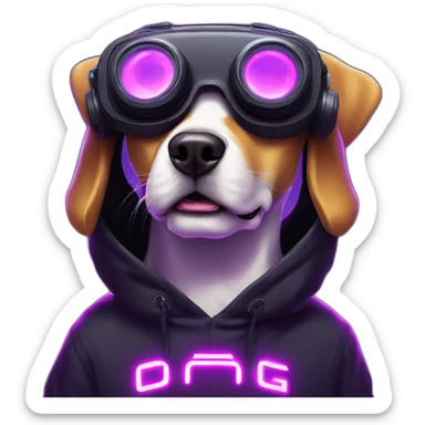 funny dog wearing a black hoodie with "OMG" letters on it and VR headset in a cyberpunk VR environment with violet neon lighting. sticker