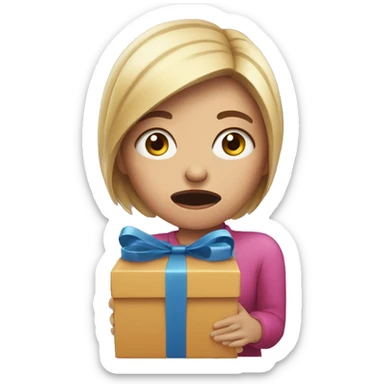 Scared woman holding a present with tears running down her face  sticker