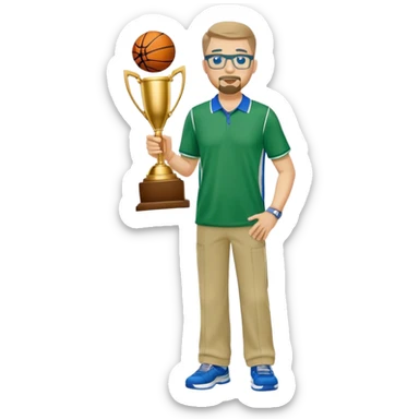 full body white  male basketball coach with trophy. Goatee , Wearing glasses and blue and green polio and khaki pants sticker