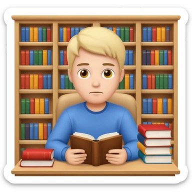 emoji man student studying at home with books, bored, room, white background sticker