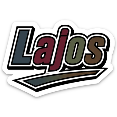 Lajos name in masculine, modern, gradient font with precise Hungarian characters, dark outline, extra thick, prominent white border as in reference images, dynamic slanted underline, masculine color shades (blue, gray, burgundy, green, brown), 1000x1000 px, PNG, transparent background sticker