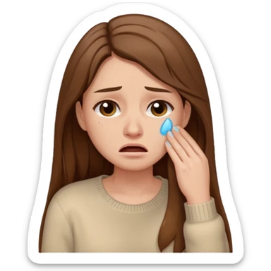 Woman with long brown hair crying, light beige sweater sticker