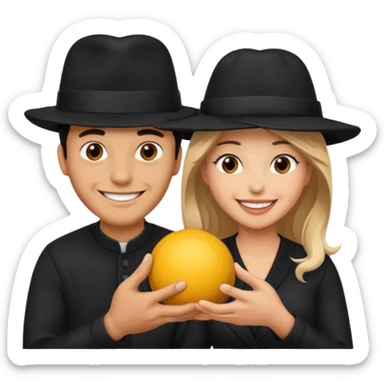 Man wearing black hat smiling superstitious woman squeezing his balls sticker