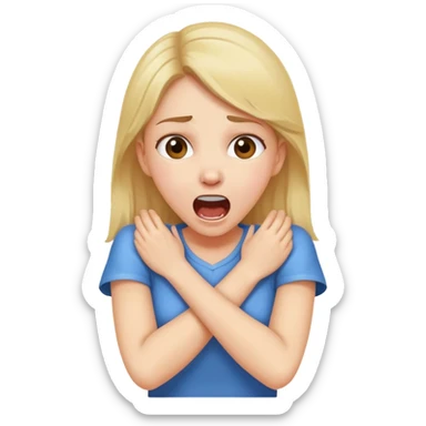 a pretty girl, holding her neck with her arms crossed, she is screaming sticker
