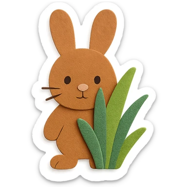 full-body cinnamon bunny peeking behind a plant, paper-craft style, both ears matching in shape, size, and position sticker