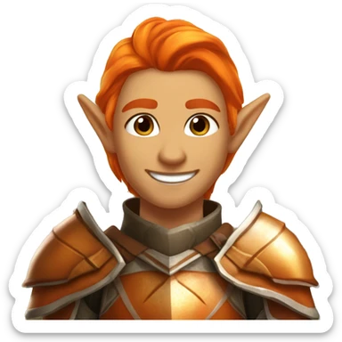 Autumn Eladrin Elf with a charismatic smile and orange hair. Wearing shiny elaborate armor with silver, orange, and brown tones, similar to the colors of autumn.  sticker