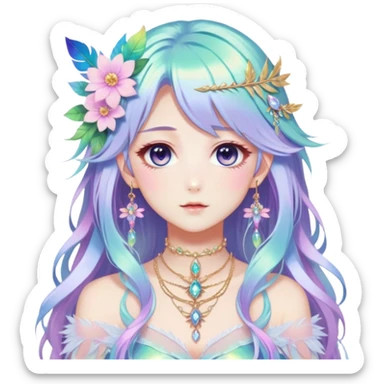 Beautiful gorgeous anime lady with beautiful iridescent-special-hair, fashion aesthetic, ethereal, fairycore, pastelcore, feather, flower, crystals, accessories, jewelries, gold, colorful sticker