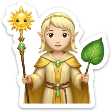 {
      "type": "human",
      "look": "light elf healer, golden robe, staff with leaf and sun",
      "description": "a light elf healer wearing a golden robe and holding a staff with leaf and sun"
    } sticker