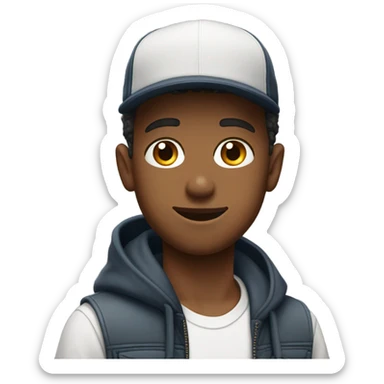 casual boy in baseball cap with self image on the hat sticker