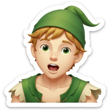 Cinematic Realistic Peter Pan Portrait, head tilted slightly with a dramatic, wide-open yawn, revealing a relaxed yet spirited expression. His detailed tunic and cap, paired with a gentle, ambient glow, capture a tender moment of vulnerability amidst his eternal quest for adventure. sticker