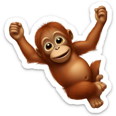 Baby orangutan hanging from a vertical tree branch right hand over his mouth left hand overhead feet gripping the tree trunk sticker