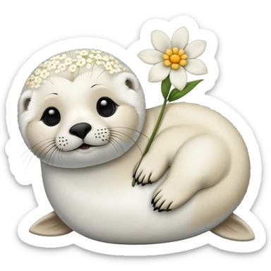 Skinny harp seal with flower hair pin on the head and laying down sticker