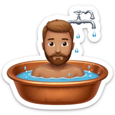 Man with beard lying in copper bath with water running from taps sticker
