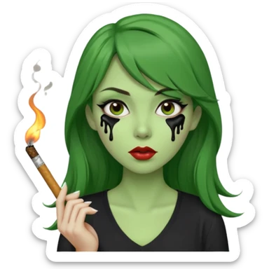 {
  "prompt": "3D cartoon-style green-skinned girl with long brown hair and a side-swept bang. Large brown eyes with black dripping makeup, white V-neck shirt, cigarette in her mouth, dark background. Same proportions and style as the original description.",
  "size": "1024x1024"
} sticker