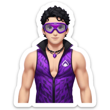 male athlete with white skin and moderately curly black hair on top with shaved sides, wearing ski goggles with purple frames and very dark black lenses, a simple plain black chain necklace, and a completely unzipped sleeveless vest with purple and black sequin fire pattern design, fully revealing his chest, shoulders and arms, no earrings sticker