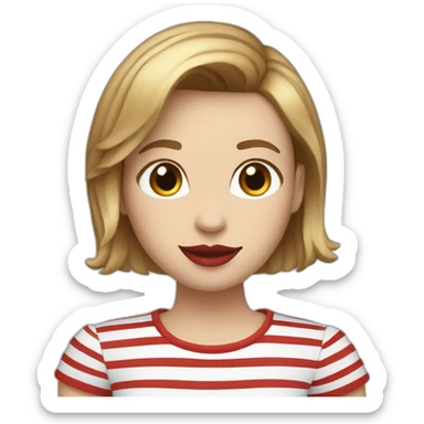 white woman with red lips, brown hair, bob haircut, braces on teeth, blue and white striped t shirt sticker