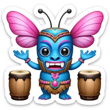 Cartoon Blue and pink tiki singing with butterfly and bongos sticker
