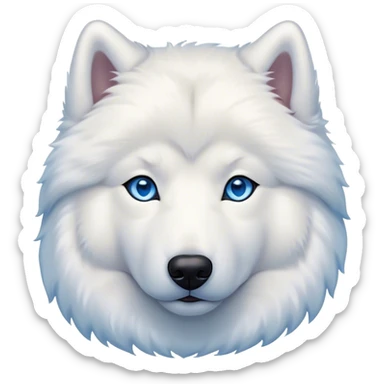 Cinematic Noble Samoyed Portrait Emoji, Poised and regal, with a majestic, sturdy build and a luxuriously fluffy pure white Fur, deep-set soulful blue eyes, Simplified yet sharp and sophisticated features, highly detailed, glowing with a soft, dignified glow, high shine, intelligent and gentle, stylized with an air of elegance, focused and attentive, soft glowing outline, capturing the essence of a watchful and confident companion, so majestic it feels as though it could bound out of the screen with effortless authority! sticker