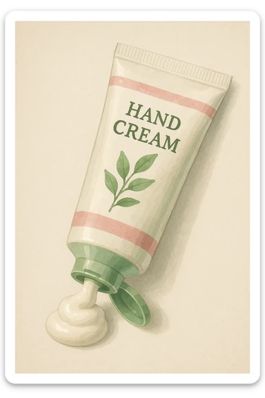 hand cream tube, cream coming out, green and pink details, semi-realistic illustration style sticker