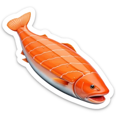 realistic salmon fillet, boneless, orange-pink, muscle lines, tapered, curved, moist smooth texture, fine fat layer, no skin, no lemon, no background, no faces, clean 3D, soft lighting, transparent background, emoji scale sticker