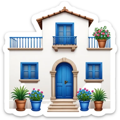 Andalusian-style Spanish house with white walls, blue accents, and flowerpots on windows sticker