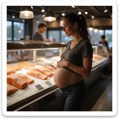 realistic pregnant woman in 4K standing in front of fish counter avoiding raw salmon to protect herself and baby, aware of dangerous parasites in raw salmon sticker