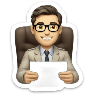 Pale skinned Fit Man With dark brown hair in gray jacket, beige office shirt and vintage glasses sitting In a soft chair with a notebook with emblem Ψ and a pen in his hands sticker