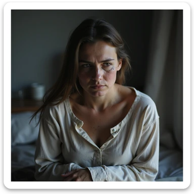 woman with chronic fatigue, pale and marked face, prominent dark circles, curved posture and drooping shoulders, exhausted expression, hyperrealistic style, realistic details, 4K quality, domestic environment sticker